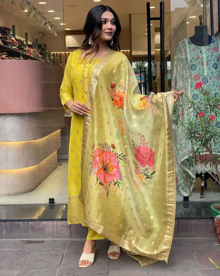 Mustard Yellow Kurta with Printed Dupatta | Viscose Organza Jacquard Kurti Set