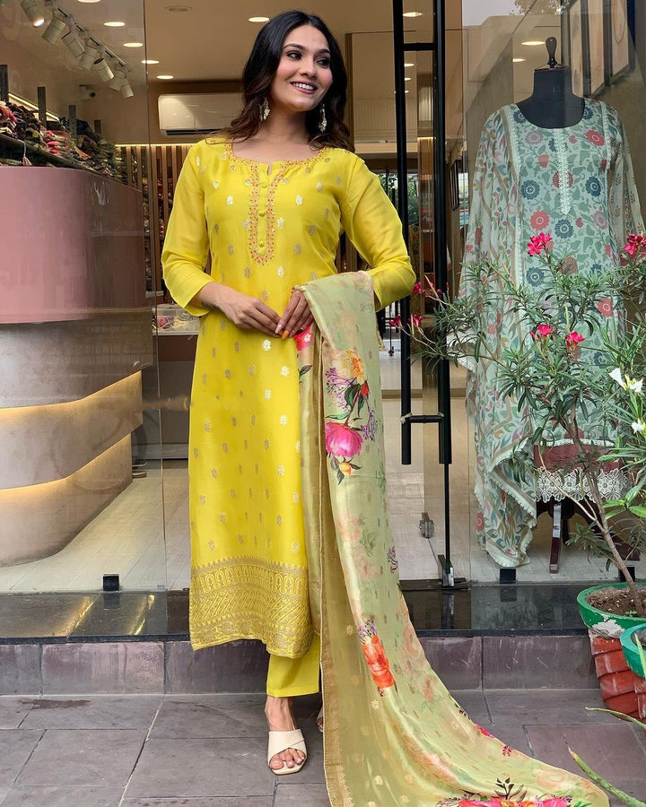 Mustard Yellow Kurta with Printed Dupatta | Viscose Organza Jacquard Kurti Set