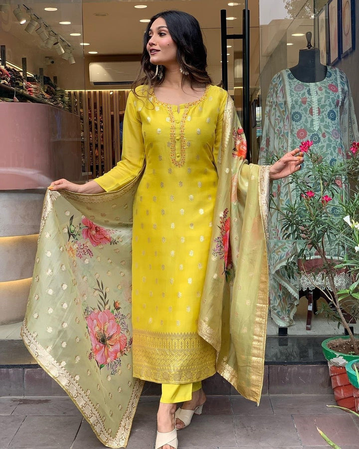 Mustard Yellow Kurta with Printed Dupatta | Viscose Organza Jacquard Kurti Set