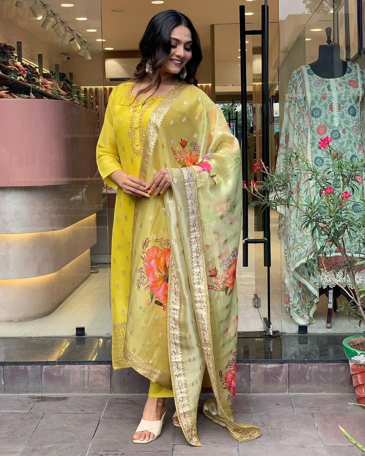 Mustard Yellow Kurta with Printed Dupatta | Viscose Organza Jacquard Kurti Set