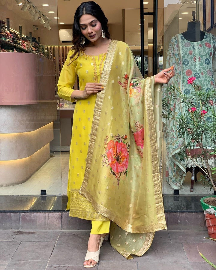 Mustard Yellow Kurta with Printed Dupatta | Viscose Organza Jacquard Kurti Set