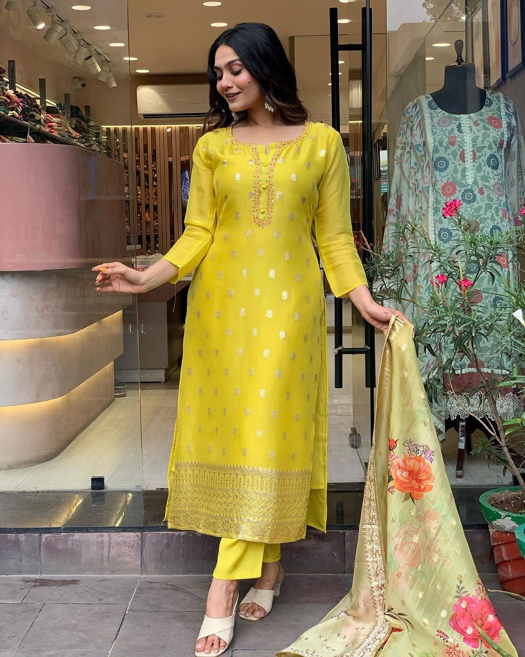 Mustard Yellow Kurta with Printed Dupatta | Viscose Organza Jacquard Kurti Set