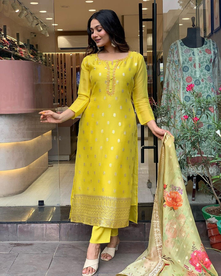 Mustard Yellow Kurta with Printed Dupatta | Viscose Organza Jacquard Kurti Set