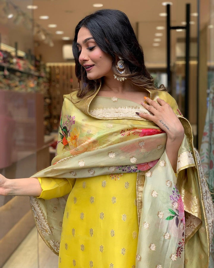 Mustard Yellow Kurta with Printed Dupatta | Viscose Organza Jacquard Kurti Set