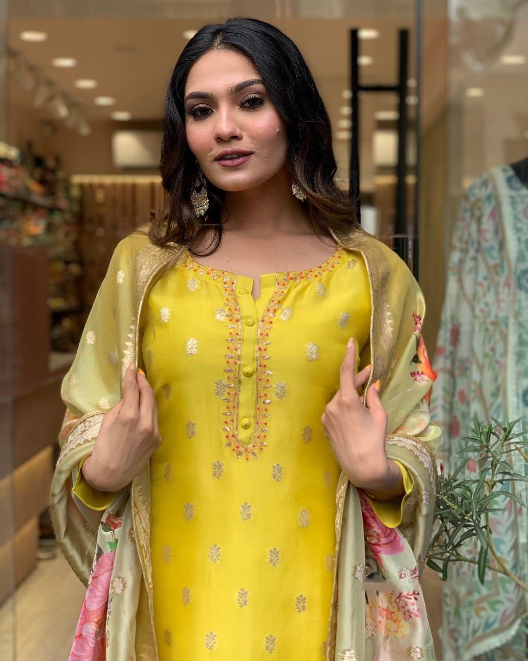 Mustard Yellow Kurta with Printed Dupatta | Viscose Organza Jacquard Kurti Set