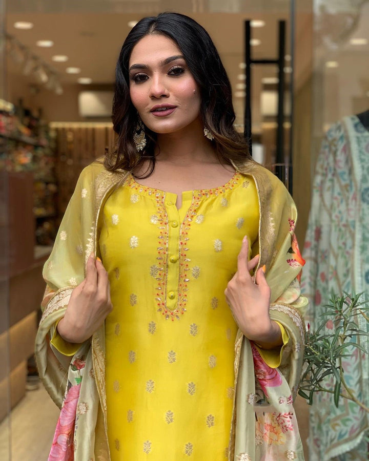 Mustard Yellow Kurta with Printed Dupatta | Viscose Organza Jacquard Kurti Set