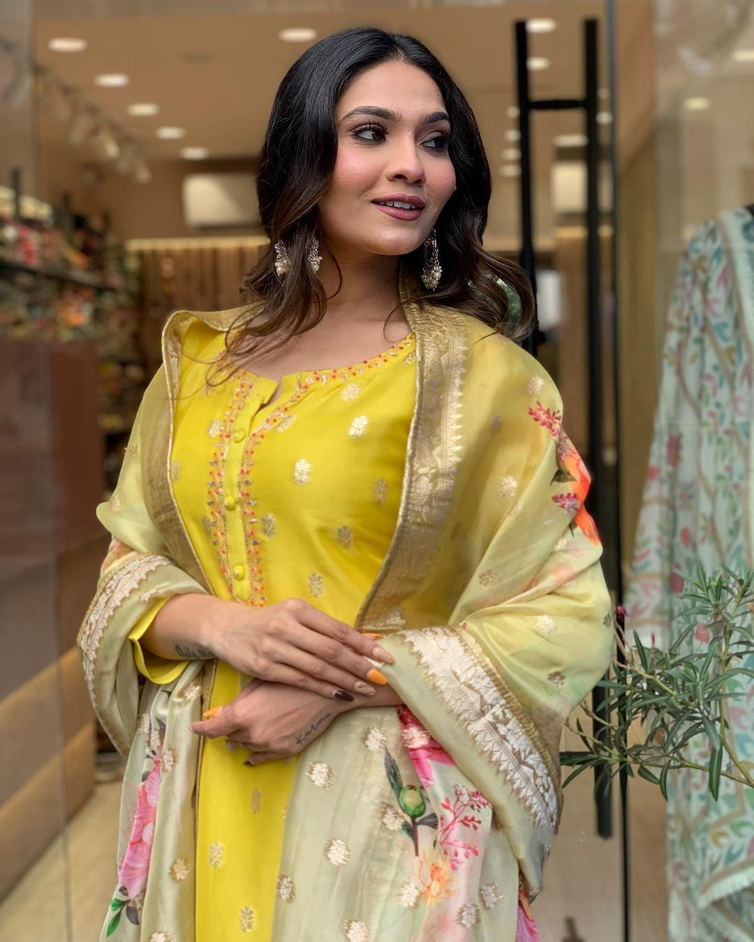 Mustard Yellow Kurta with Printed Dupatta | Viscose Organza Jacquard Kurti Set