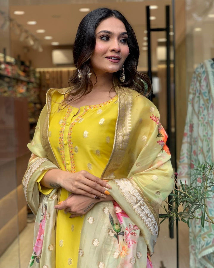 Mustard Yellow Kurta with Printed Dupatta | Viscose Organza Jacquard Kurti Set