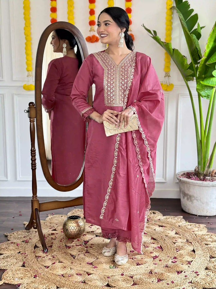 Dusty Pink Viscose Chanderi Kurti Set | Indian Ethnic Wear for Women