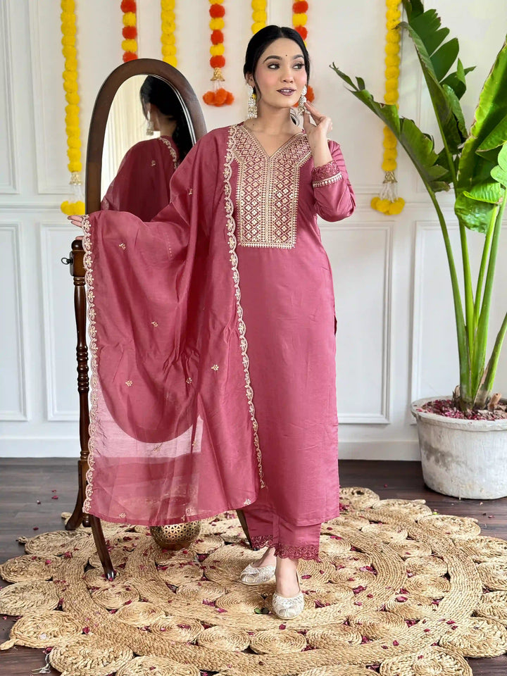 Dusty Pink Viscose Chanderi Kurti Set | Indian Ethnic Wear for Women