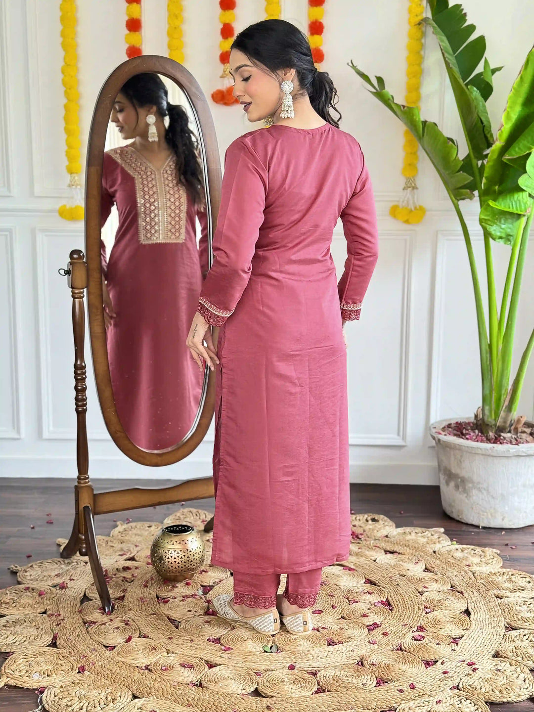 Dusty Pink Viscose Chanderi Kurti Set | Indian Ethnic Wear for Women