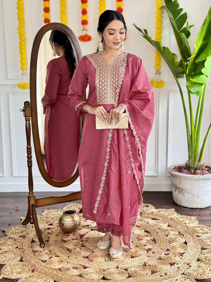 Dusty Pink Viscose Chanderi Kurti Set | Indian Ethnic Wear for Women