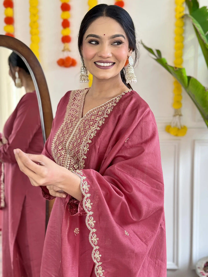 Dusty Pink Viscose Chanderi Kurti Set | Indian Ethnic Wear for Women