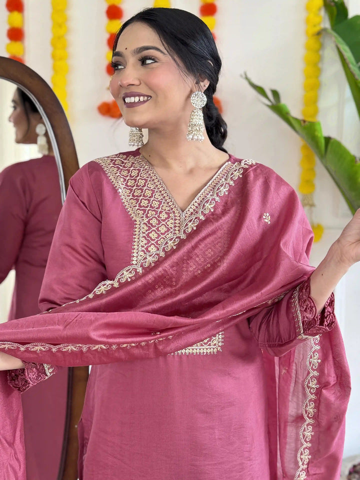 Dusty Pink Viscose Chanderi Kurti Set | Indian Ethnic Wear for Women