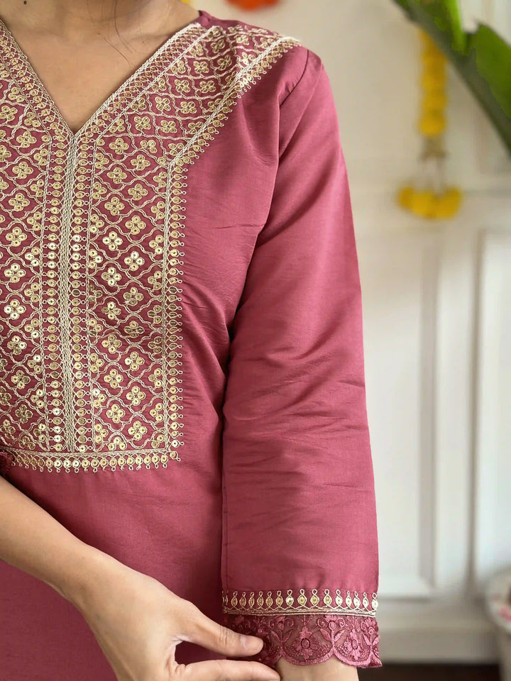 Dusty Pink Viscose Chanderi Kurti Set | Indian Ethnic Wear for Women