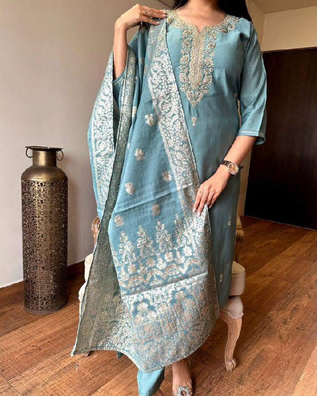 Light Blue Chanderi Kurti Set | Embroidered Portrait Neck Kurta & Dupatta