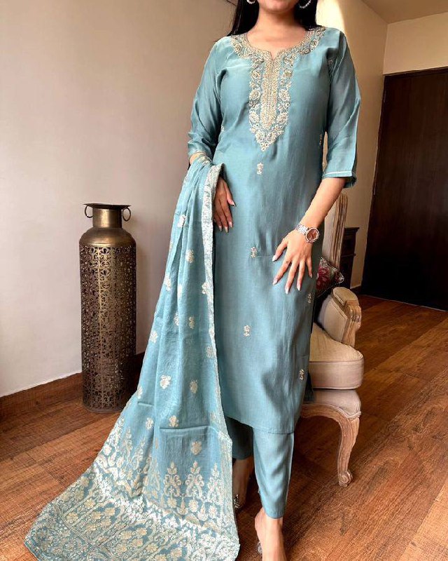 Light Blue Chanderi Kurti Set | Embroidered Portrait Neck Kurta & Dupatta