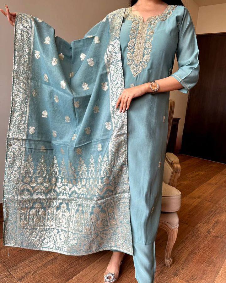 Light Blue Chanderi Kurti Set | Embroidered Portrait Neck Kurta & Dupatta