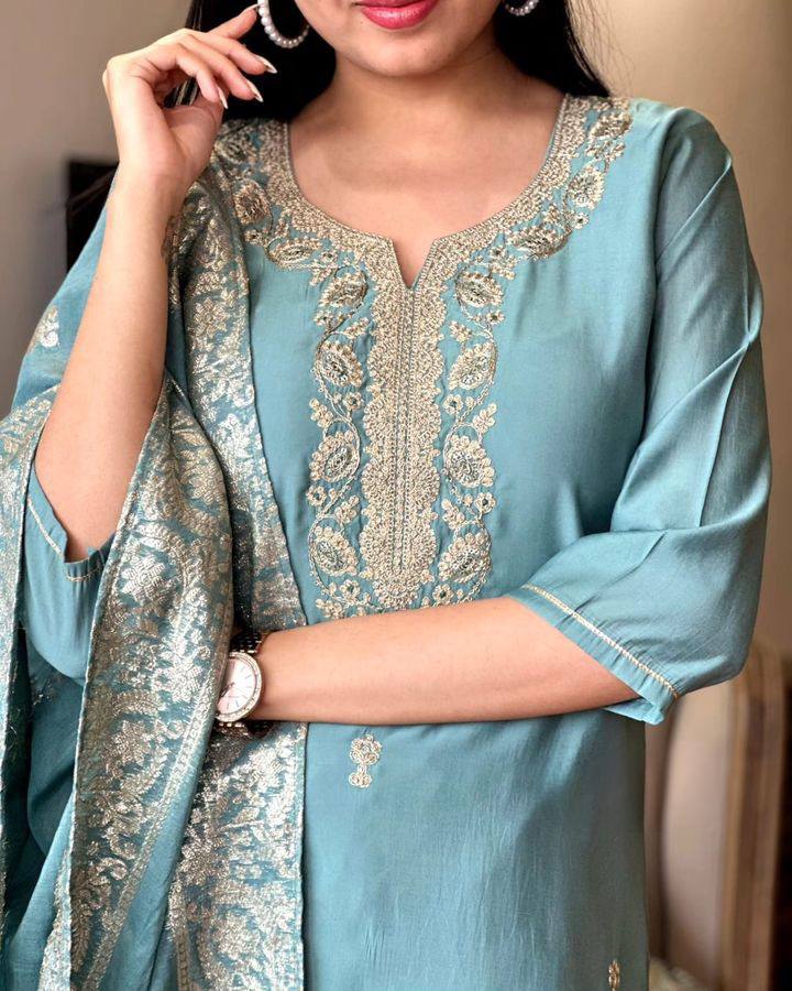 Light Blue Chanderi Kurti Set | Embroidered Portrait Neck Kurta & Dupatta