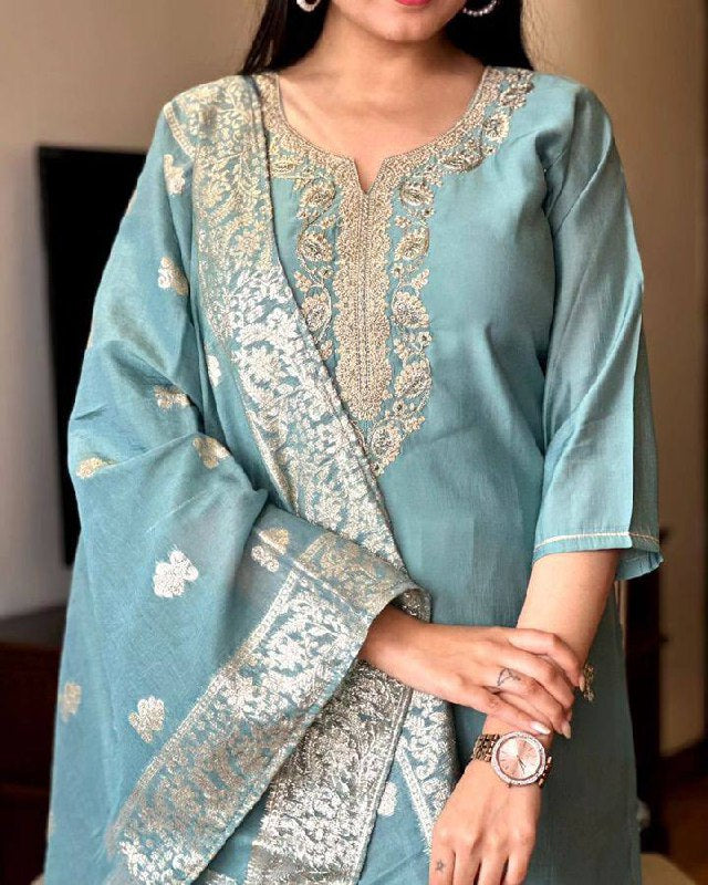 Light Blue Chanderi Kurti Set | Embroidered Portrait Neck Kurta & Dupatta