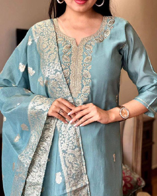 Light Blue Chanderi Kurti Set | Embroidered Portrait Neck Kurta & Dupatta