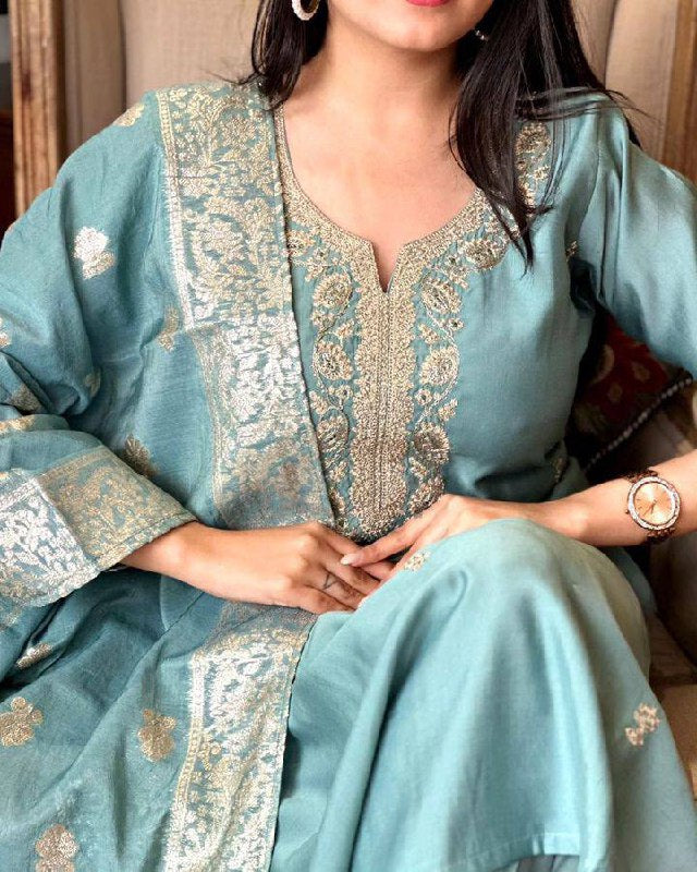 Light Blue Chanderi Kurti Set | Embroidered Portrait Neck Kurta & Dupatta