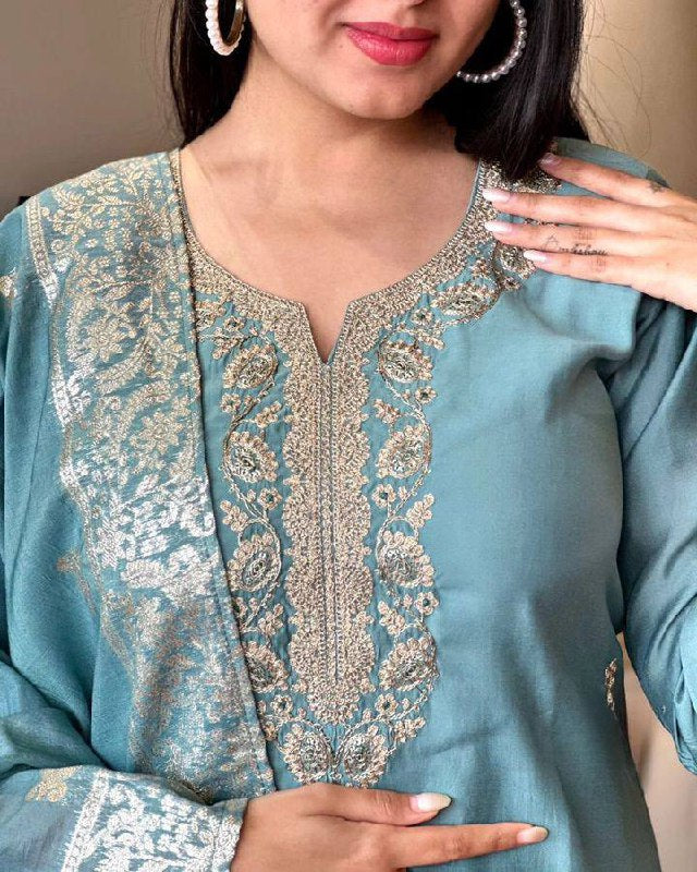 Light Blue Chanderi Kurti Set | Embroidered Portrait Neck Kurta & Dupatta