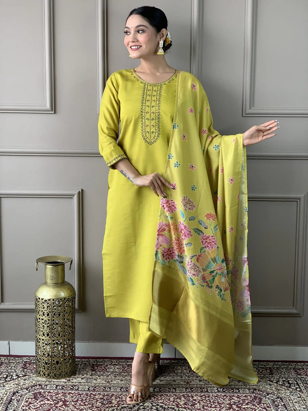 Floral Embroidered Viscose Chanderi Kurti Set | Kurta with Trousers & Dupatta