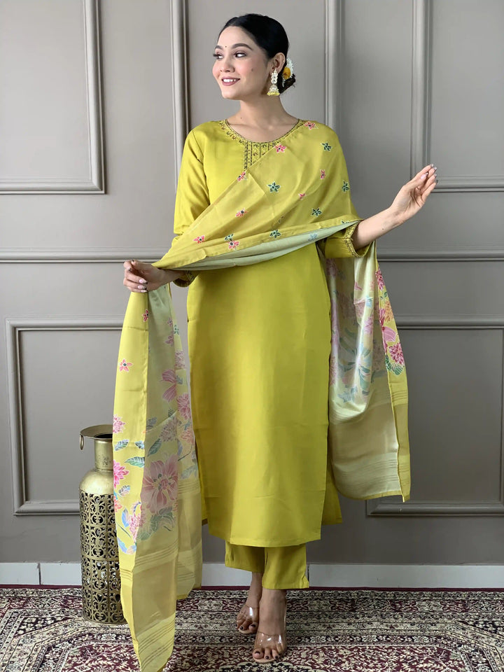 Floral Embroidered Viscose Chanderi Kurti Set | Kurta with Trousers & Dupatta