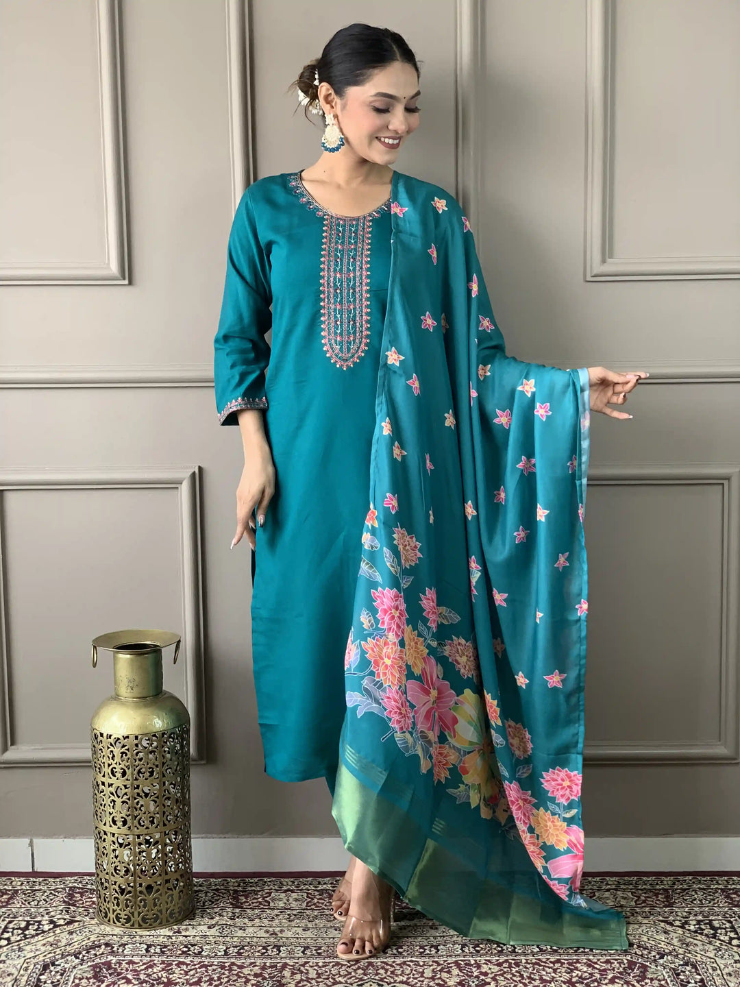 Floral Embroidered Viscose Chanderi Kurti Set | Kurta with Trousers & Dupatta
