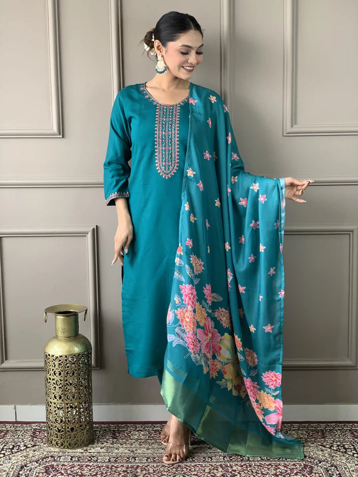 Floral Embroidered Viscose Chanderi Kurti Set | Kurta with Trousers & Dupatta