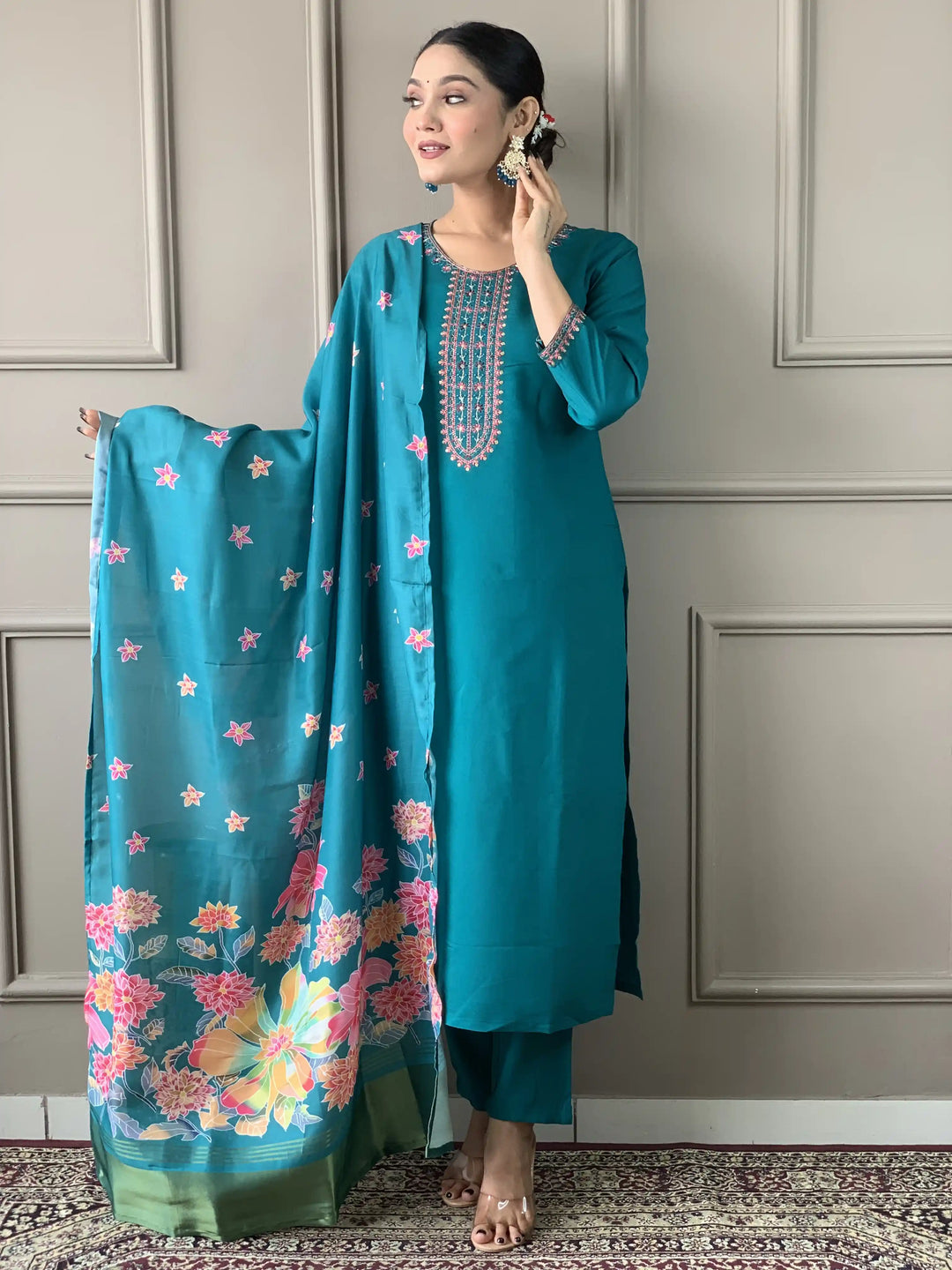 Floral Embroidered Viscose Chanderi Kurti Set | Kurta with Trousers & Dupatta