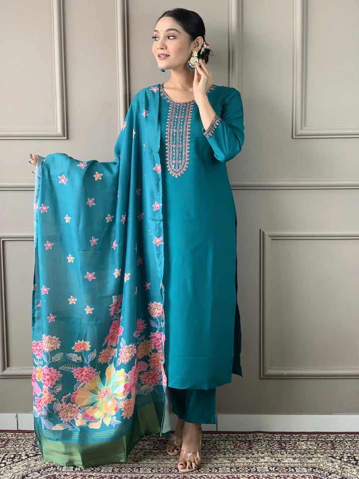 Floral Embroidered Viscose Chanderi Kurti Set | Kurta with Trousers & Dupatta
