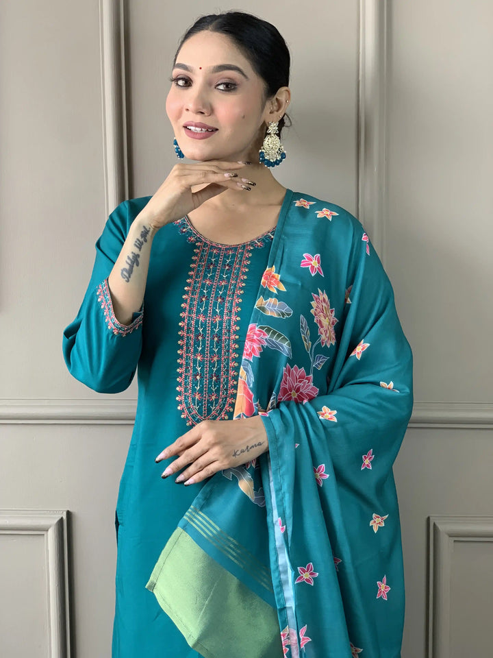 Floral Embroidered Viscose Chanderi Kurti Set | Kurta with Trousers & Dupatta