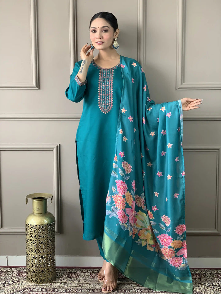 Floral Embroidered Viscose Chanderi Kurti Set | Kurta with Trousers & Dupatta