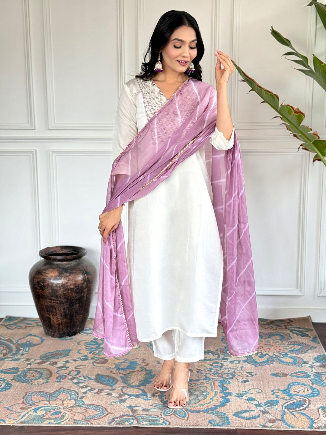 White Chanderi Kurti Set | Embroidered Kurta with Printed Lavender Dupatt