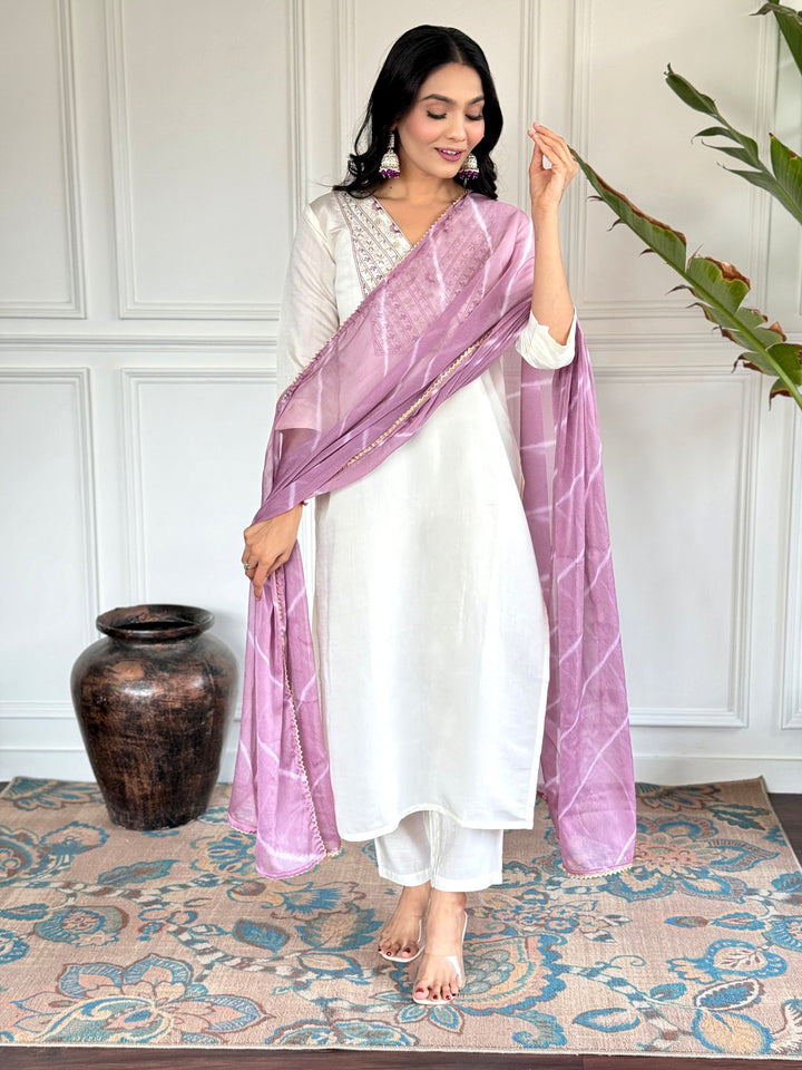 White Chanderi Kurti Set | Embroidered Kurta with Printed Lavender Dupatt