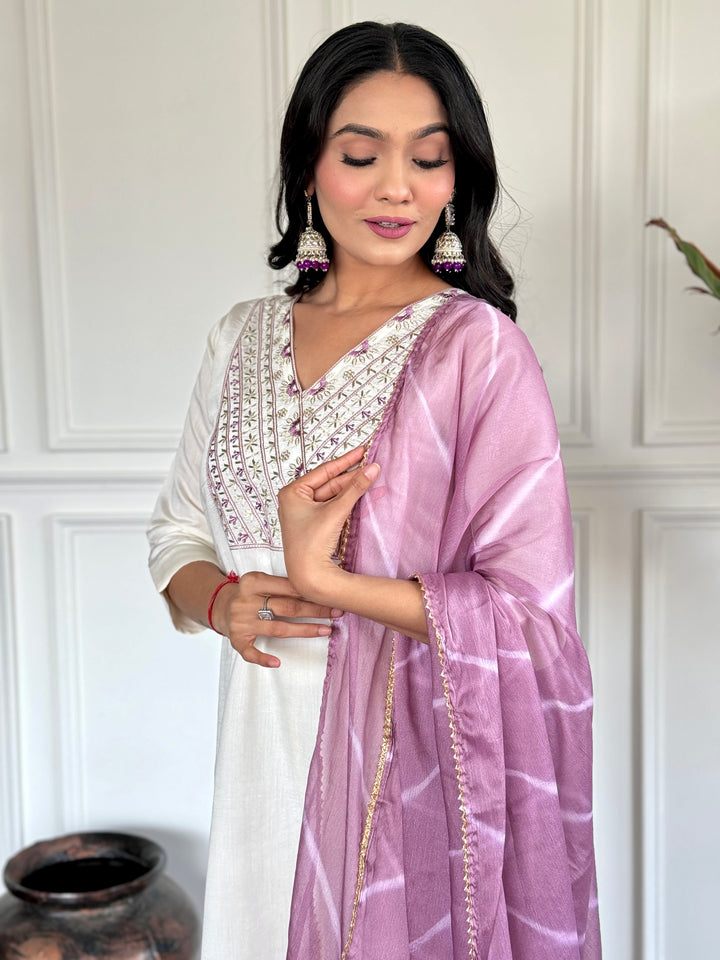 White Chanderi Kurti Set | Embroidered Kurta with Printed Lavender Dupatt