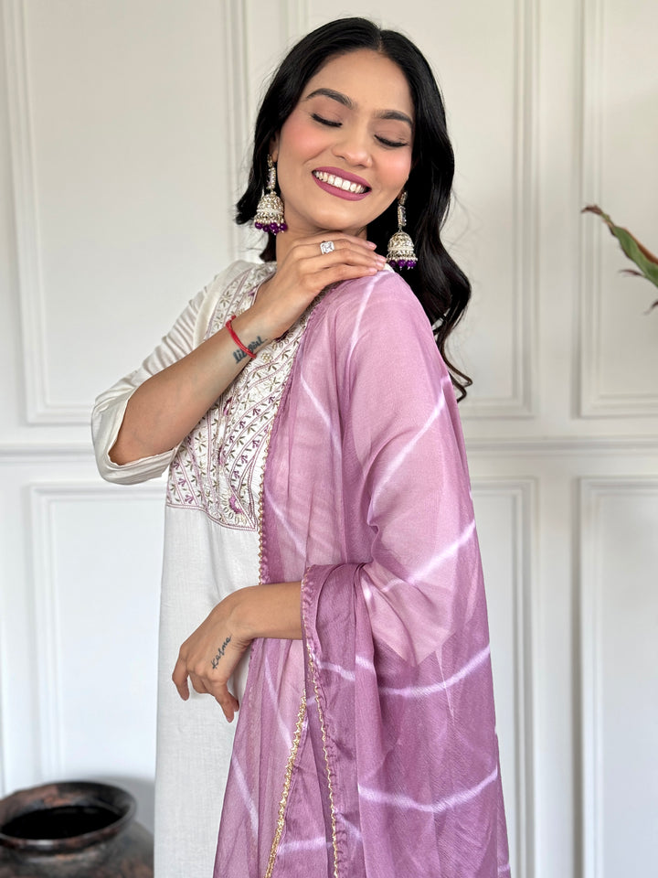 White Chanderi Kurti Set | Embroidered Kurta with Printed Lavender Dupatt