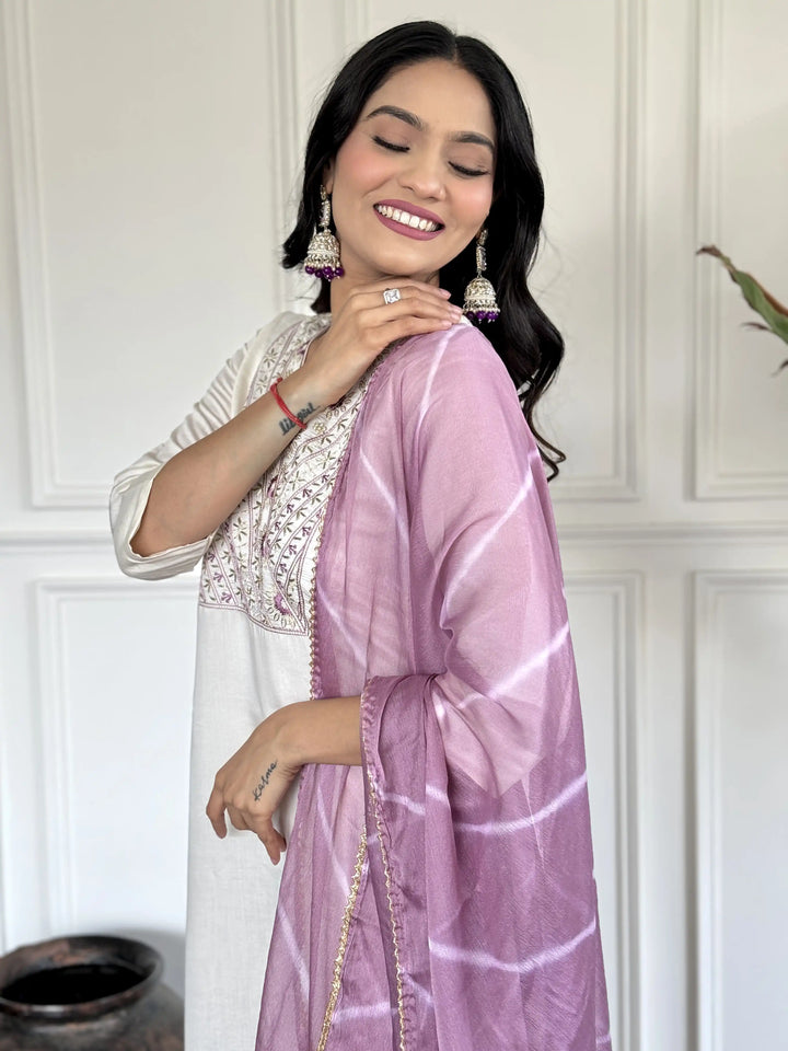 White Chanderi Salwar Kameez | Purple Chinon Dupatta & Embroidery Work