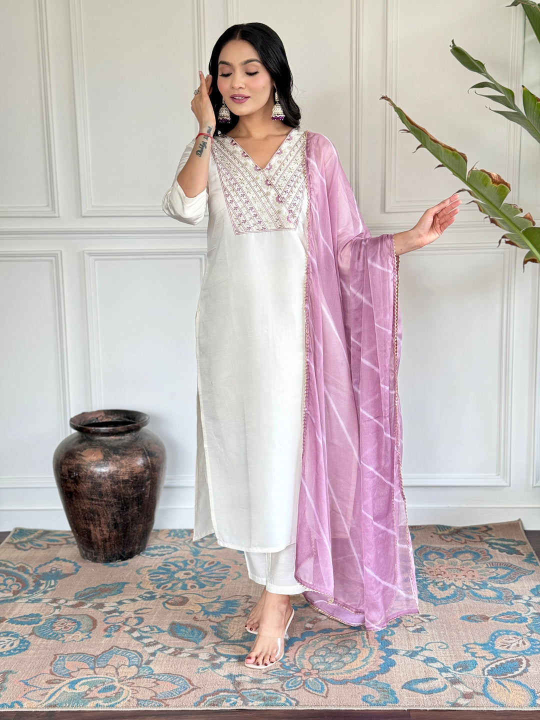 White Chanderi Kurti Set | Embroidered Kurta with Printed Lavender Dupatt