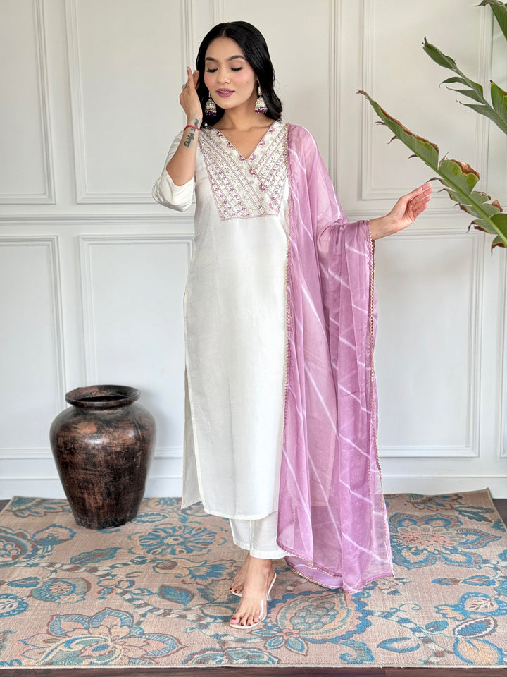 White Chanderi Kurti Set | Embroidered Kurta with Printed Lavender Dupatt