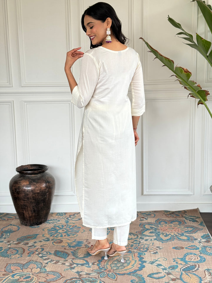 White Chanderi Kurti Set | Embroidered Kurta with Printed Lavender Dupatt