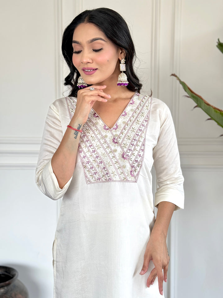 White Chanderi Kurti Set | Embroidered Kurta with Printed Lavender Dupatt