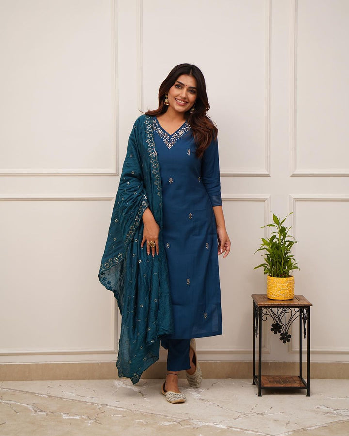 Embroidered Viscose Chanderi Kurta Set | Indian Ethnic Wear for Women