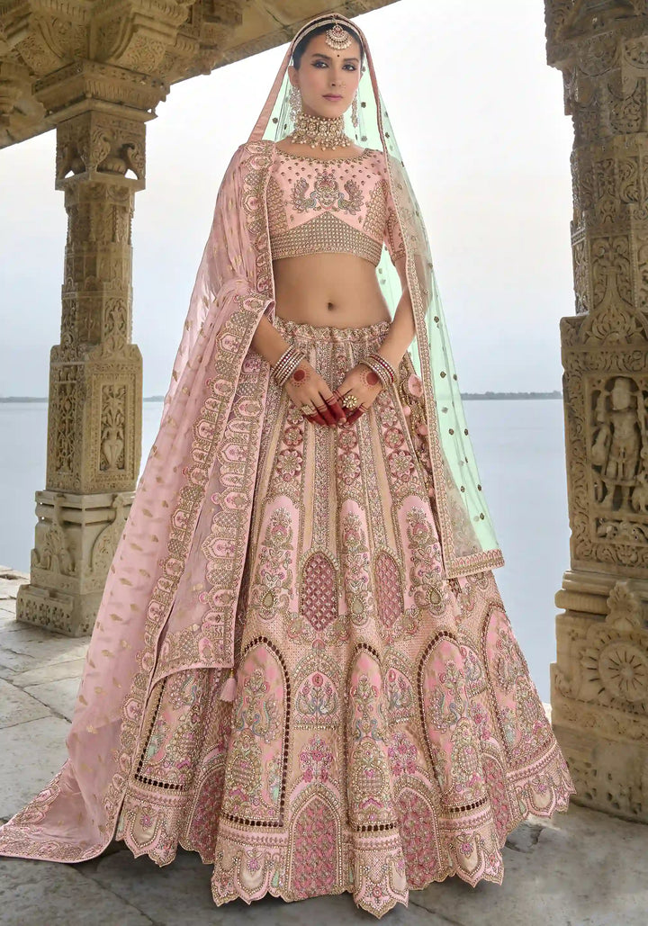 Baby Pink Bridal Art Silk Lehenga Choli | Zari, Thread & Sequins Embroidery