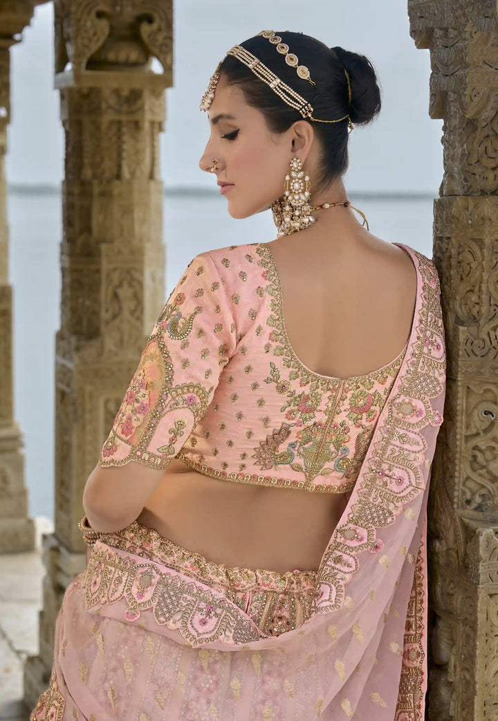 Baby Pink Bridal Art Silk Lehenga Choli | Zari, Thread & Sequins Embroidery