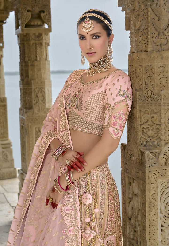 Baby Pink Bridal Art Silk Lehenga Choli | Zari, Thread & Sequins Embroidery