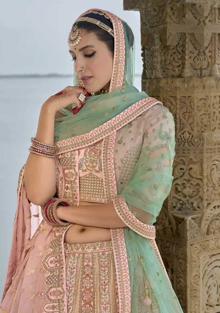 Baby Pink Bridal Art Silk Lehenga Choli | Zari, Thread & Sequins Embroidery
