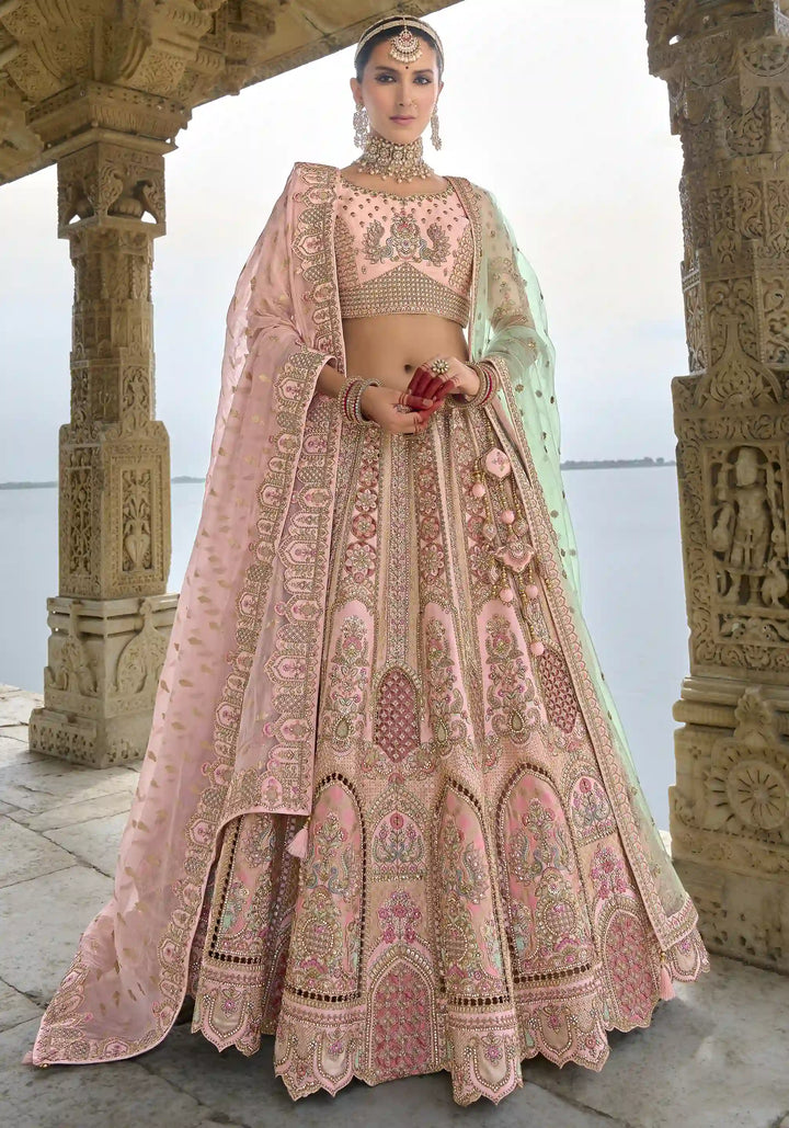 Baby Pink Bridal Art Silk Lehenga Choli | Zari, Thread & Sequins Embroidery